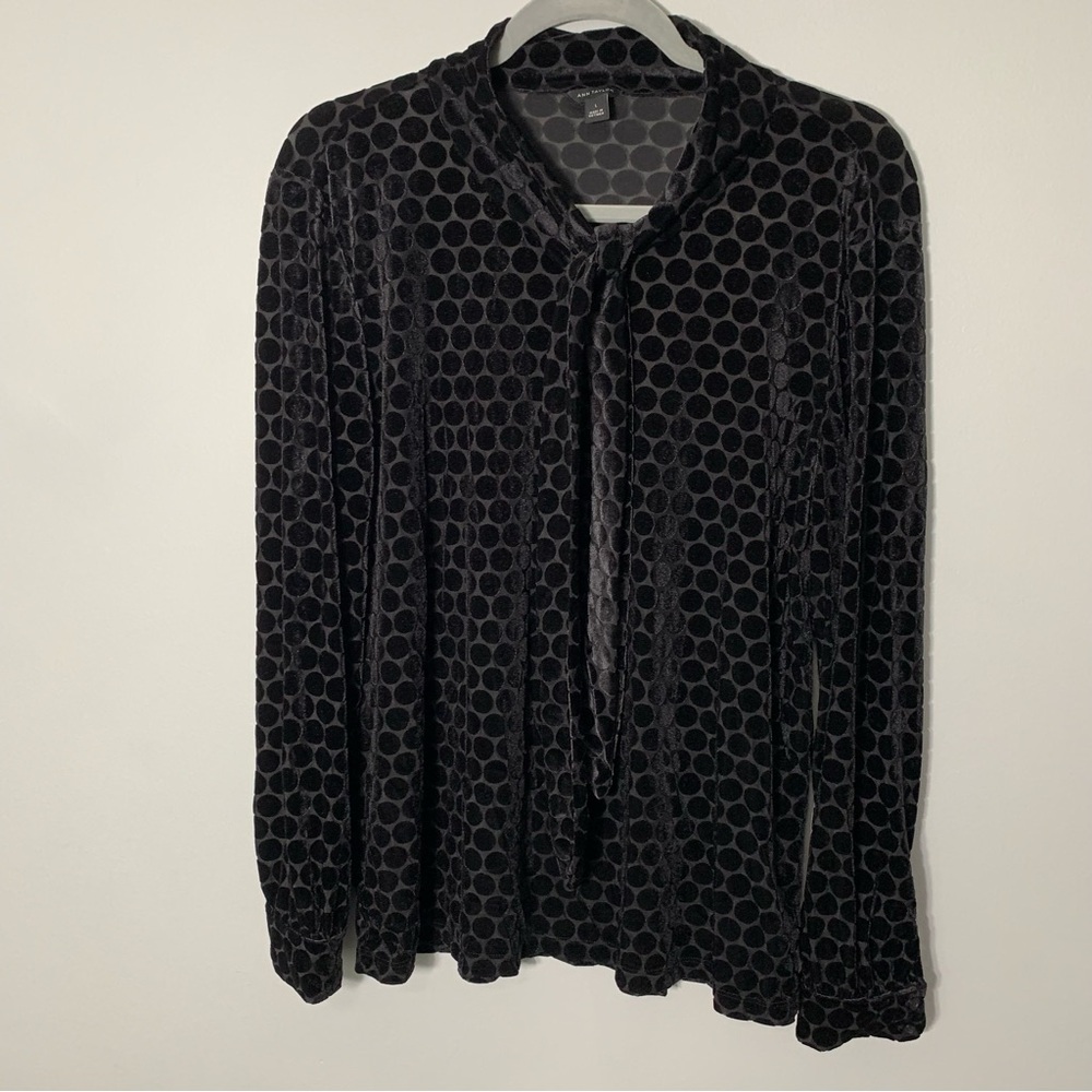 Ann Taylor Women Large Black Burnout Velvet Polka Dot‎ Tie Neck Long Sleeve Top